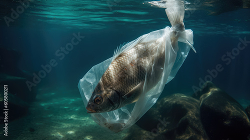 Fish in a transparent plastic bag under water. Environmental pollution. Generative AI