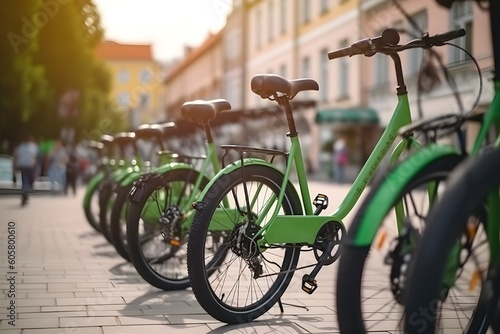 "Green Electric Bicycle Rentals in Parking Lot"