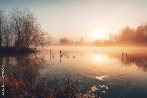 A misty lake landscape with a digital watercolour style and sunrise sun glow. Generative AI