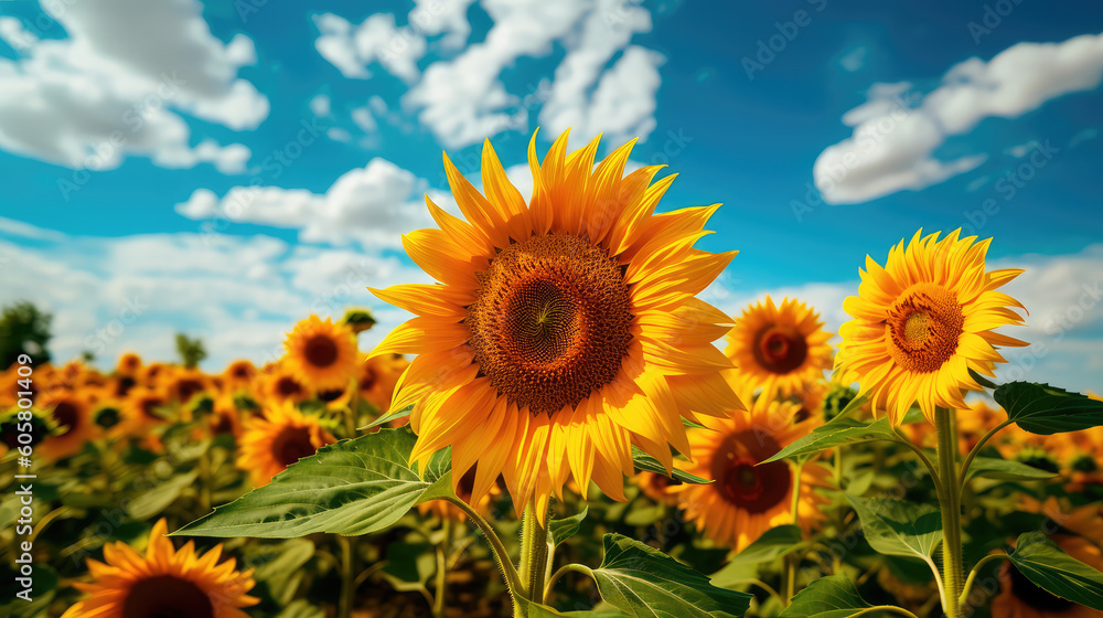 Field of sunflowers with a blue sky. Beautiful summer landscape. Generative AI Field of sunflowers with a blue sky. Beautiful summer landscape. Generative AI