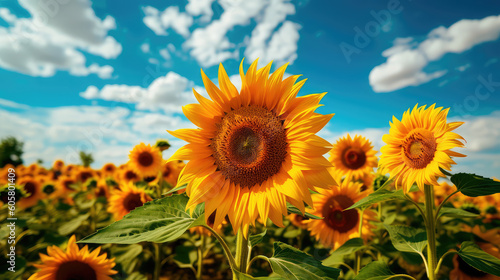 Field of sunflowers with a blue sky. Beautiful summer landscape. Generative AI