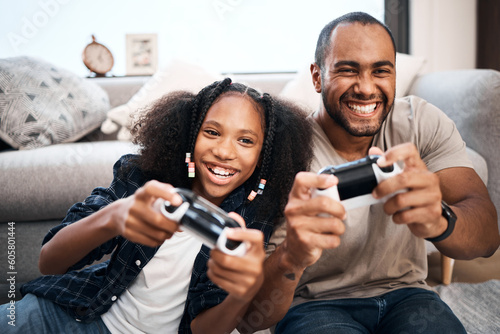 Leinwand Poster Gaming, family or children with a father and daughter in the living room of their home playing a video game together