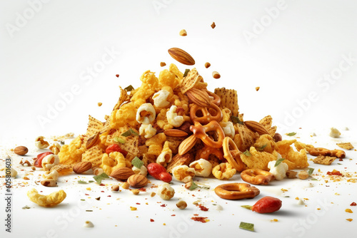 A pile of Spicy and savory snack mix