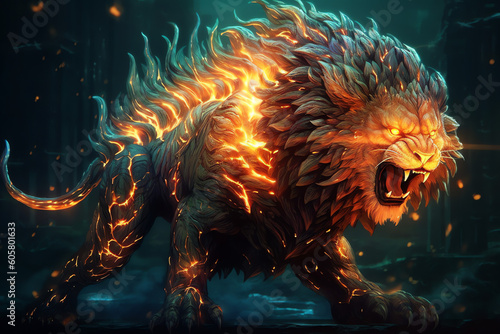 Epic fire lion fantasy monster with glowing eyes and hot flames - Generative AI
