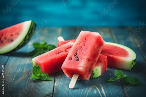 Watermelon Popsicles on Blue Rustic Wood