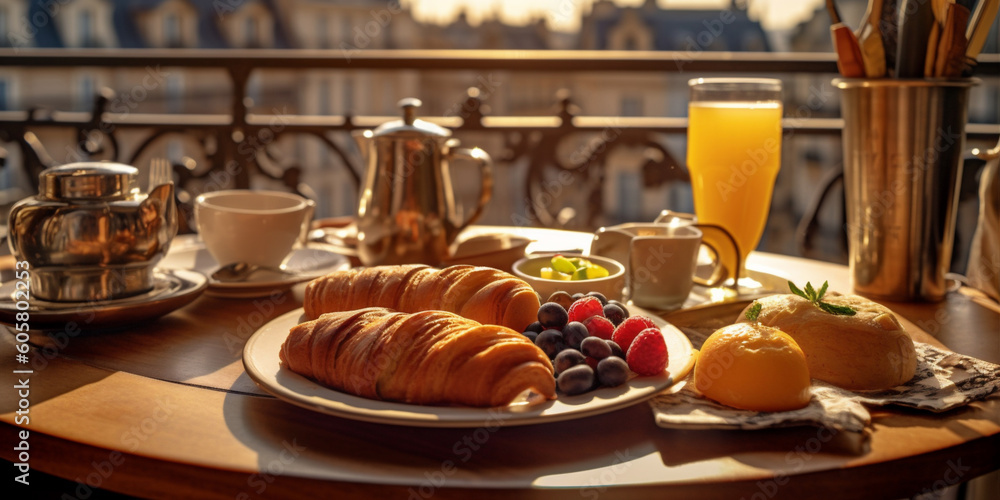 Traditional french breakfast with croissants, jam, butter, yogurt, fruits juice and coffee. Morning warm light background. AI Generative