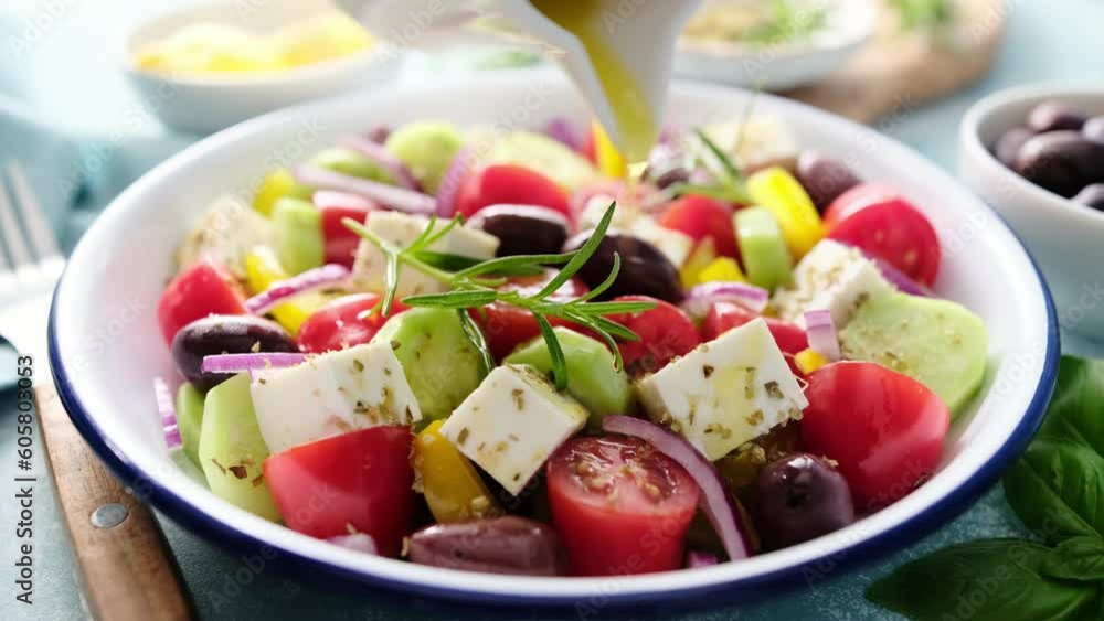 Greek salad. Vegetable salad with feta cheese, tomato, olives, cucumber, red onion and olive oil. Healthy vegetarian mediterranean diet food. Video 4k Greek salad. Vegetable salad with feta cheese, tomato, olives, cucumber, red onion and olive oil. Healthy vegetarian mediterranean diet food. Video 4k