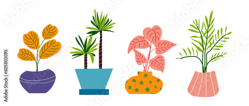 Urban jungle, trendy home decor with plants, tropical leaves in stylish planters and pots. Cartoon style