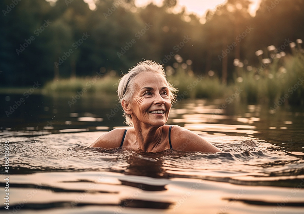 Fototapeta premium Happy senior woman swims in the lake enjoys nature and tranquility. Active lifestyle. Generative AI