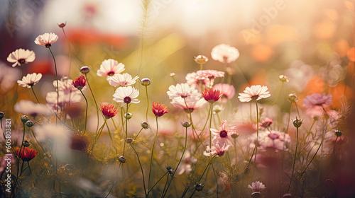 Beautiful cosmos flowers in the meadow at sunset. Vintage tone. © Barosanu