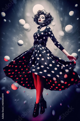 A Pretty Model Wears Dresses from the 70s in Polka Dot Style Generative AI Digital Art Illustration Journal Background Cover