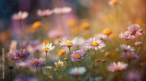 Daisy flowers on the meadow. Nature background. Vintage style.