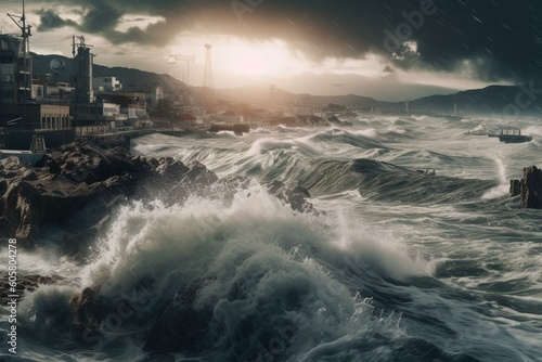 Deadly storm and tsunami strike ocean. Generative AI