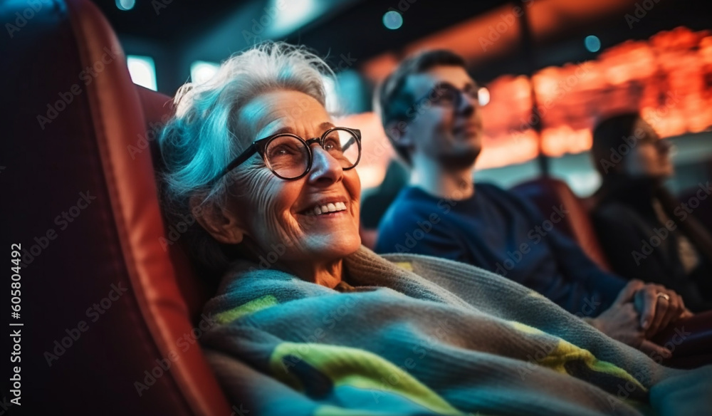 A middle-aged woman with an adult grandson at the cinema. Happy time with family. Generative AI A middle-aged woman with an adult grandson at the cinema. Happy time with family. Generative AI