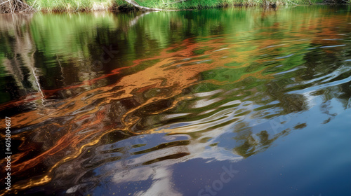 Oil slick on river. Environmental pollution. AI generation