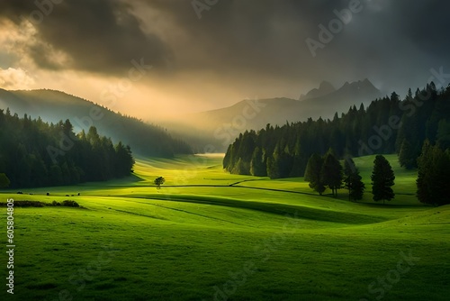 A meadow in the midst of a gentle rainfall, capturing the tranquility of nature