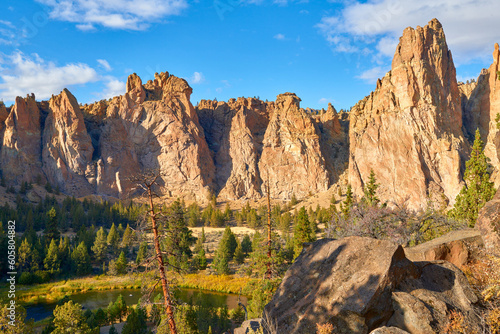 Natural rock formation view during sunset in Smith Rock State Park in eastern Oregon.