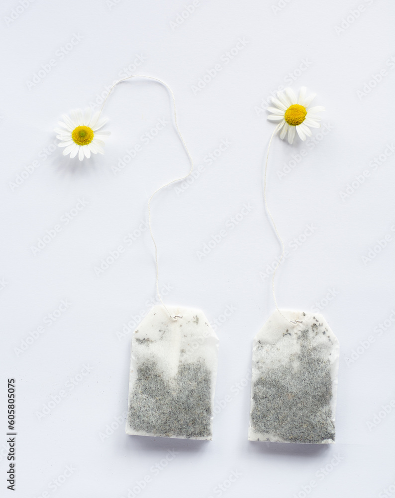 Obraz premium chamomile tea bag, herbal chamomile teabag with fresh daisy flower as label