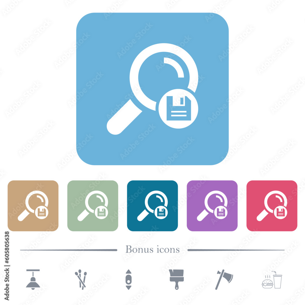 Save search results flat icons on color rounded square backgrounds Save search results flat icons on color rounded square backgrounds