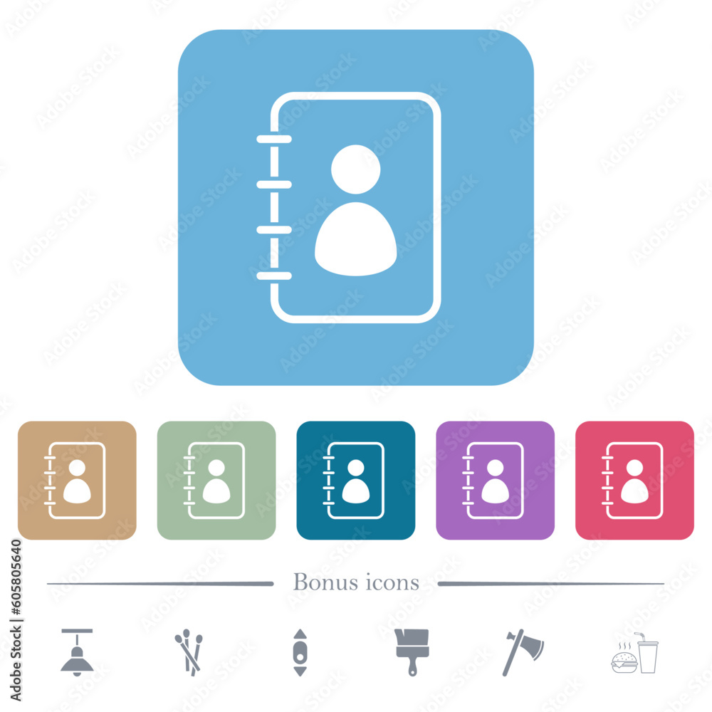 Spiral contact book alternate flat icons on color rounded square backgrounds Spiral contact book alternate flat icons on color rounded square backgrounds