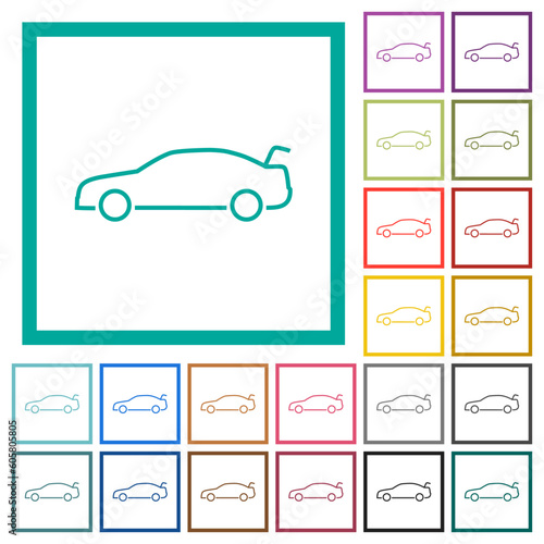 Car trunk open dashboard indicator flat color icons with quadrant frames