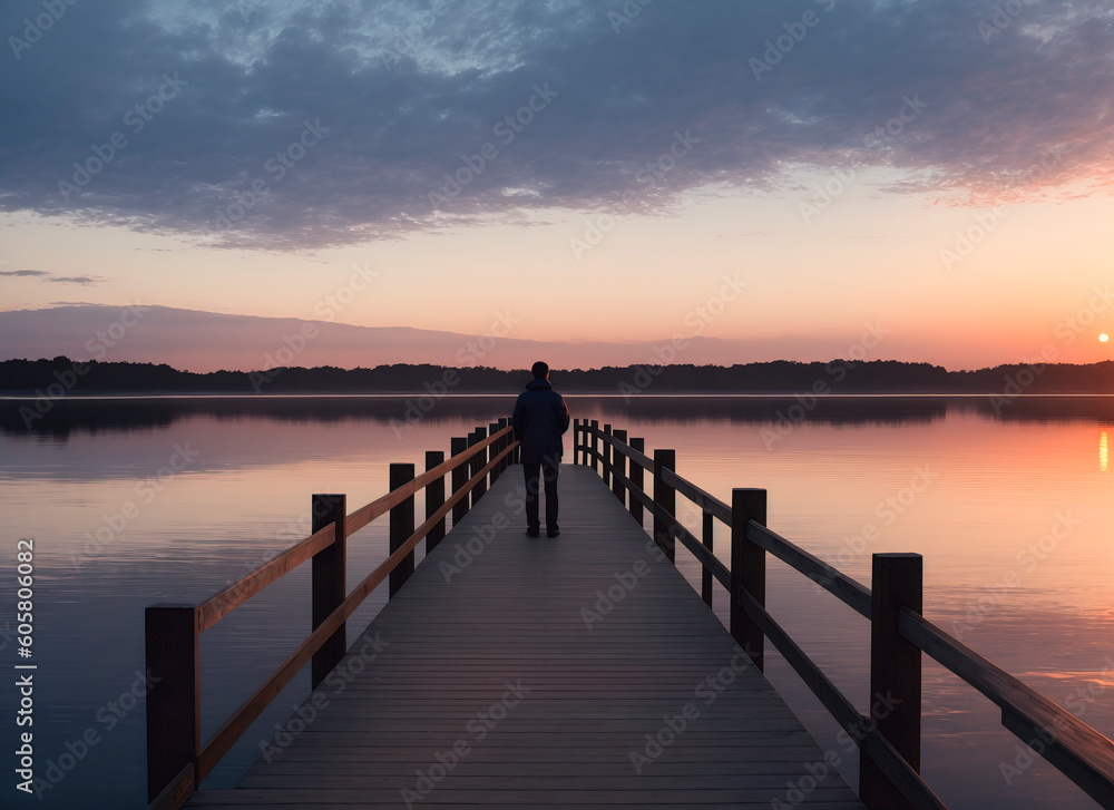 A man stands on the dock at dawn. Generative AI