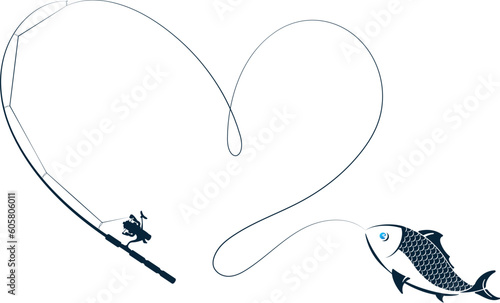 Fishing rod and fish. Fishing line heart design