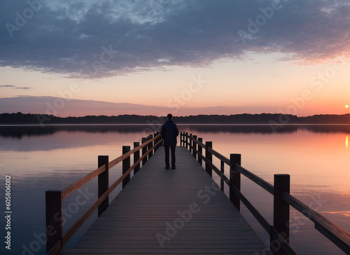 A man stands on the dock at dawn. Generative AI © Anton Dios