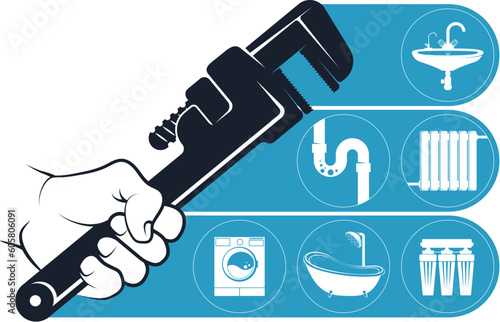 Wrench in the hand of a plumber. Repair and service plumbing symbol