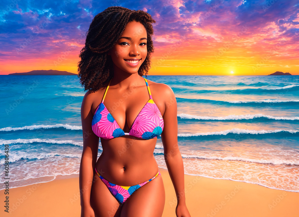 A beautiful African-American girl in a swimsuit poses against the background of the ocean at sunset. Generative AI.
