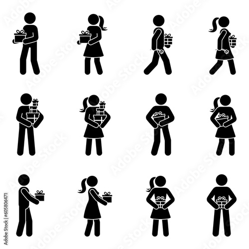 Stick figure people standing, walking with presents vector illustration set. Man and woman holding gift package stickman icon pictogram