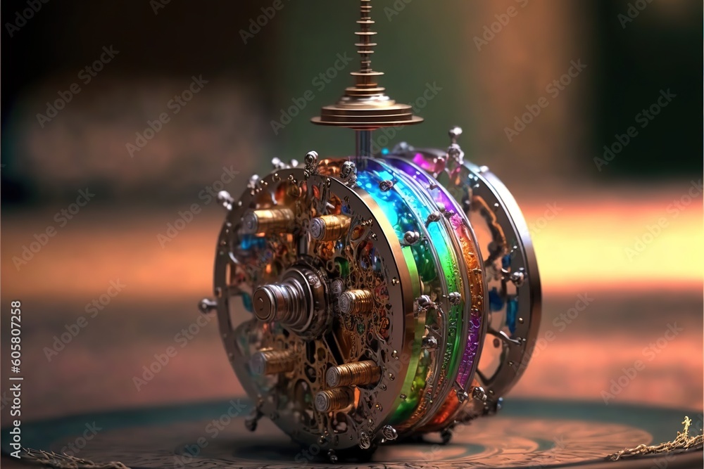 A beautiful and astonishing colourful elvish prototype of an eternal mechanical device of the new improved universe. - obrazy, fototapety, plakaty 