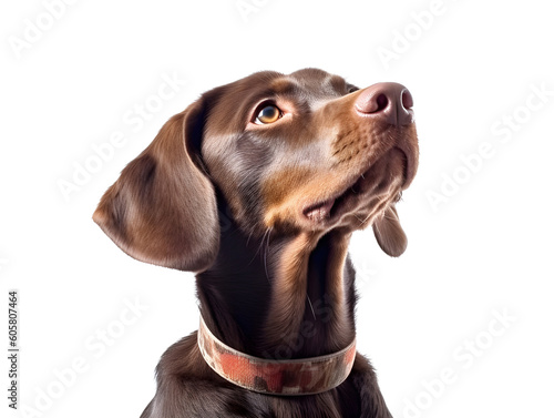 a close up of a dog wearing a collar, hyperrealism, looking upward,  a tall, sleek head, generative ai © Orion