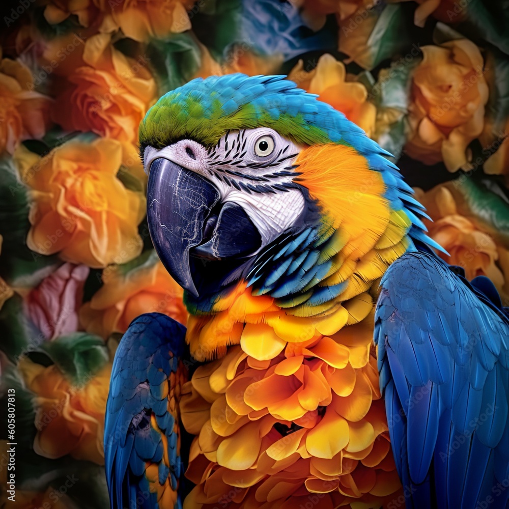 Obraz premium Enchanting Blue and Gold Macaw, a Majestic Beauty Amongst Tropical Blooms