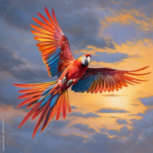Spectacular Scarlet Macaw in Full Flight © Emojibb.Family