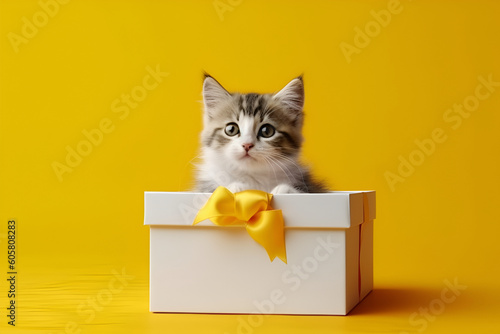 domestic gray tabby kitten sits on a yellow background with a gift box with a yellow bow. surprise.AI generated. Generative AI