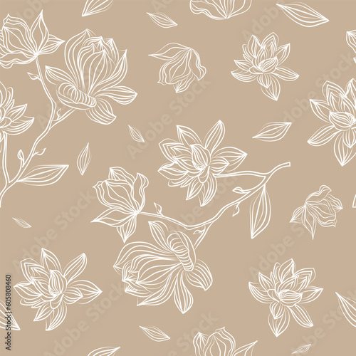 Seamless pattern with luxurious white linear magnolia flowers. Vector botanical illustration for invitation banner with exotic flowers..branch