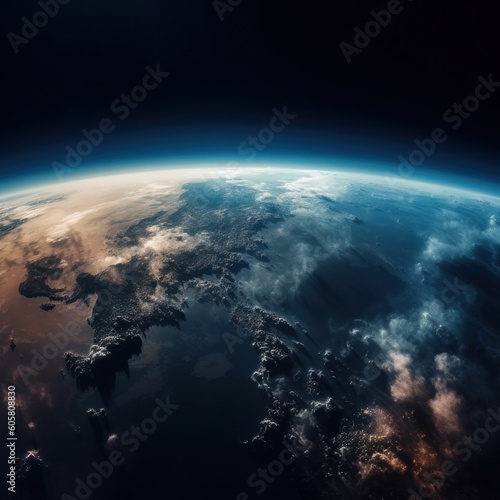 Space view of gloomy, polluted planet. AI generative illustration.