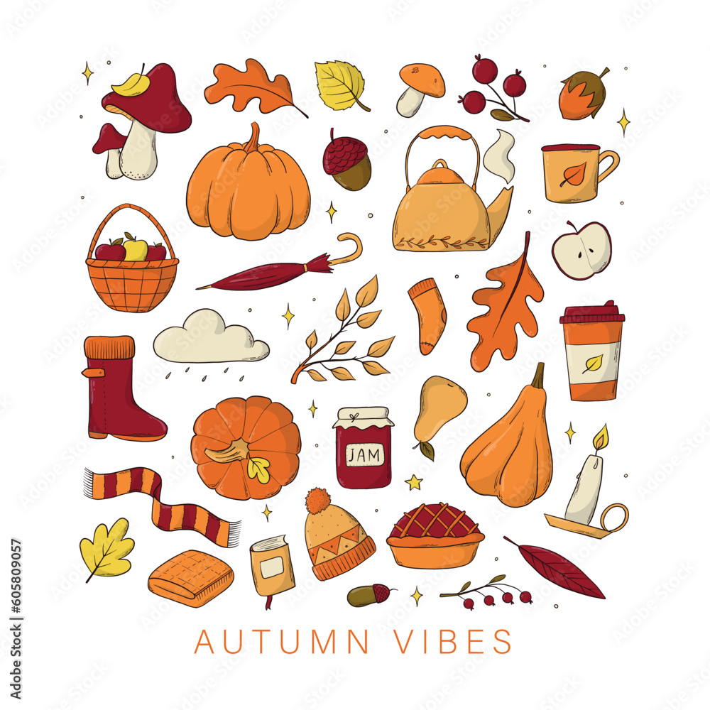set of autumn and thanksgiving doodles, clip art, cartoon elements for stickers, sublimation prints, cards, posters, icons, etc. EPS 10 set of autumn and thanksgiving doodles, clip art, cartoon elements for stickers, sublimation prints, cards, posters, icons, etc. EPS 10