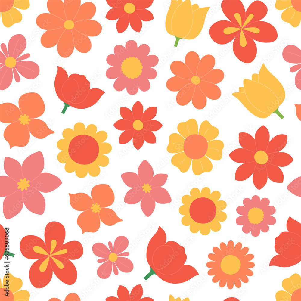 Fototapeta premium Seamless pattern with colorful flowers. Floral background with different flower heads. Botanical texture. Vector flat illustration on white
