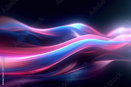 An abstract futuristic background featuring vibrant pink and blue glowing neon wave lines and bokeh lights, creating a sense of high-speed movement. Wallpaper and background