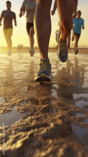 Group of runners are seen running their legs on the sand on the seaside trail at sunrise. Generative AI