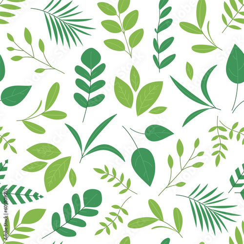 Seamless pattern with leaves and branches. Floral background with different green foliage and plants. Botanical texture. Vector flat illustration on white