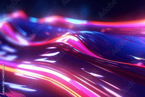 An abstract futuristic background featuring vibrant pink and blue glowing neon wave lines and bokeh lights, creating a sense of high-speed movement. Wallpaper and background © Dejan