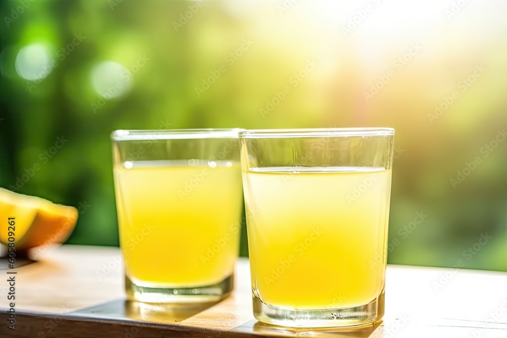 Two glasses of fresh homemade margarita drinks on a wooden table on a summer evening patio, selective focus. Generative AI Two glasses of fresh homemade margarita drinks on a wooden table on a summer evening patio, selective focus. Generative AI