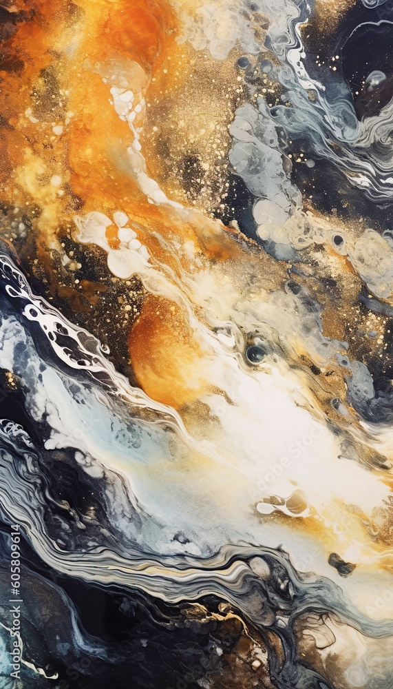 Abstract marble effect background, grey, white and orange creative colors. Beautiful paint, marbling, Art. Generative AI