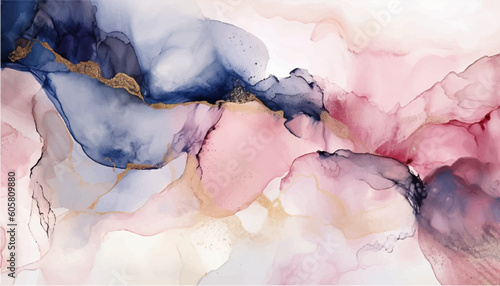 Blush, navy, rose gold, pale pink alcohol ink abstract background with ink cracks, ink splashes and gold glitter. Luxury background design.