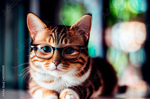 Cat in glasses. Cute smart pussycat in eyeglasses. Generative AI. © Anton Dios