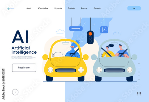 Artificial intelligence, Driving -modern flat vector concept illustration of An artificial intelligence-controlled car. Metaphor of autonomous vehicle, AI superiority and dominance concept