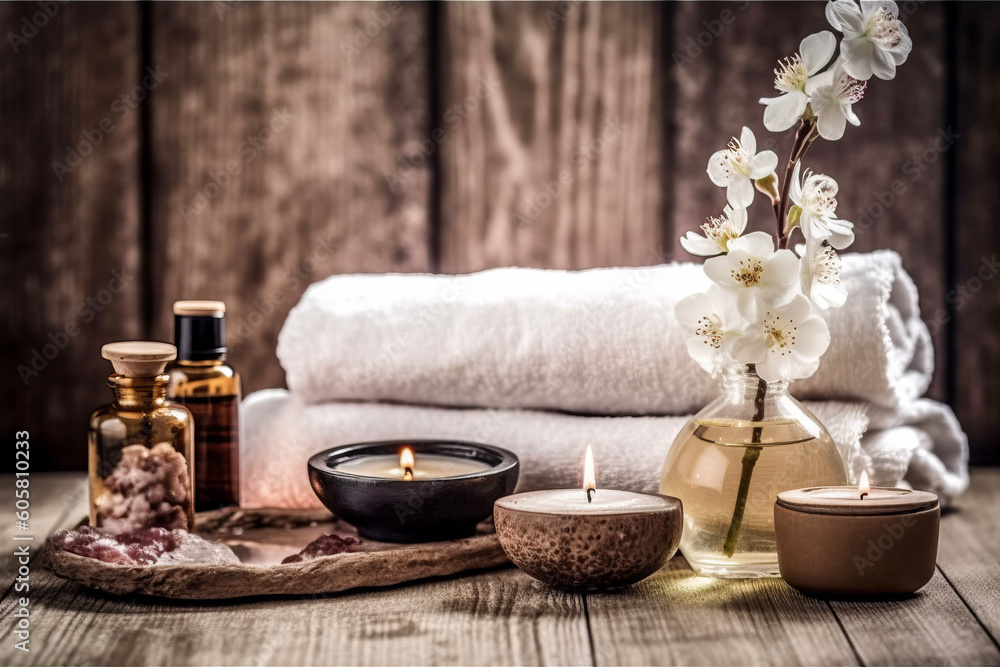 Aesthetic photo of a spa salon, showcasing a serene arrangement of towels, spa oil, and wooden table for indulgent beauty treatments, ai-generated Aesthetic photo of a spa salon, showcasing a serene arrangement of towels, spa oil, and wooden table for indulgent beauty treatments, ai-generated